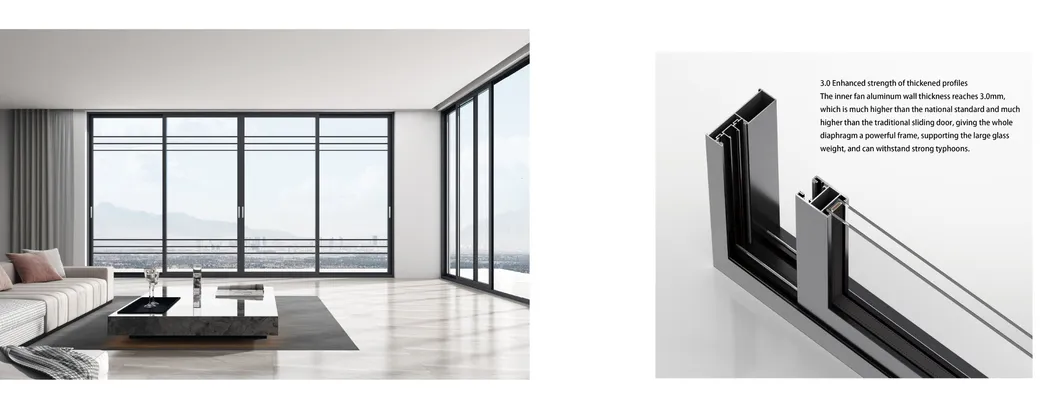 Portas deslizantes de alumínio elegantes 2 mm Quadro de abertura horizontal Porta deslizante de vidro 5